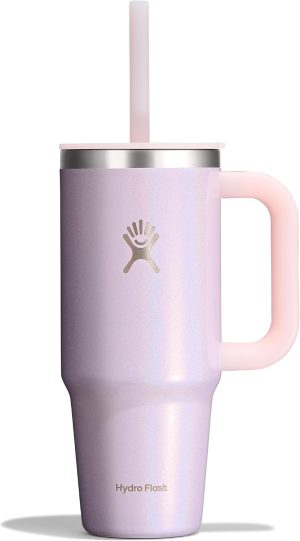 Hydro Flask Travel Tumbler with Handle. Lid and Straw - Insulated Stainless Steel in 24 Oz Glimmer Pink