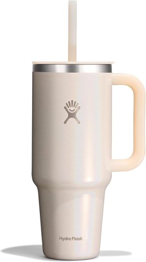 Hydro Flask Travel Tumbler with Handle. Lid and Straw - Insulated Stainless Steel in 40 Oz Glimmer Cream