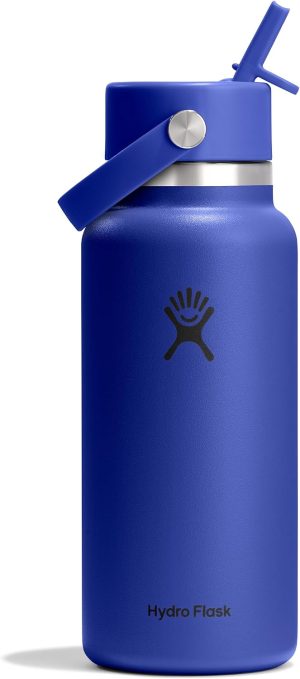 Hydro Flask Water Bottle - Insulated Stainless Steel - Wide Mouth Flex Straw Lid. Non Spill. Leakproof and Refillable in 32 Oz Capri Blue