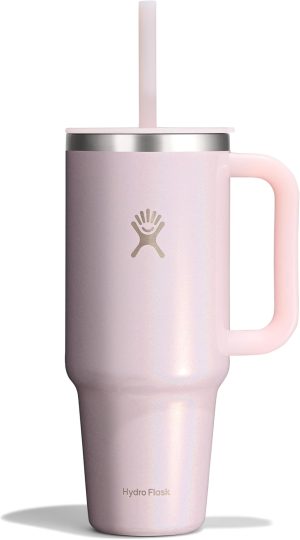 Hydro Flask Travel Tumbler with Handle. Lid and Straw - Insulated Stainless Steel in 40 Oz Glimmer Pink